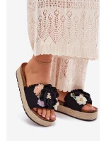 Klapki Damskie Z Kwiatami Platforma Z Plecionką Czarne Zenvanis