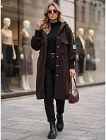 Dámsky dlhý kabát z ovčej kože s kapucňou, čokoládovo hnedý, FashionStreet NY0797 Dámsky dlhý kabát z ovčej kože s kapucňou, čokoládovo hnedý, FashionStreet NY0797