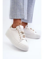 Skórzane Sneakersy Damskie Na Platformie Z Przypinkami D&A SN67 Białe