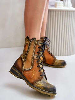 Skórzane Botki Damskie Na Płaskim Obcasie Maciejka 06719-07 Żółte