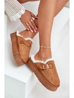 Kapcie Damskie Na Grubej Podeszwie Z Futerkiem I Klamrą Camel Linneola