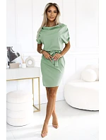 240-10 ROXI pohodlné šaty s asymetrickou sukňou a opaskom - pistáciová farba