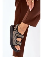 Damskie Wzorzyste Materiałowe Sandały Ze Złotymi Detalami Beżowo-Czarne Pefese