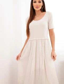 Dámske bavlnené midi šaty s krátkymi rukávmi a rozšírenou spodnou časťou béžové
