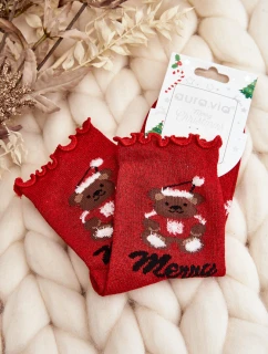 Damskie Błyszczące Świąteczne Skarpety Z Misiem Czerwone