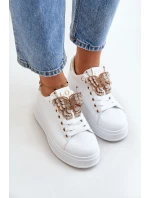 Sneakersy Damskie Na Platformie Z Motylem Biało-Złote Naritevia