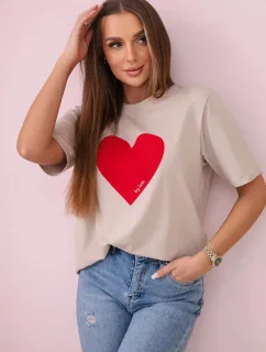 Bavlnená blúzka s potlačou srdca béžová