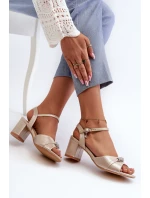 Sandały Damskie Eko Skórzane Na Słupku Z Ozdobami Złote Narhi