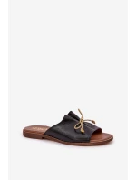 Skórzane Płaskie Eleganckie Klapki Z Kokardką Lewski 3572 Czarne