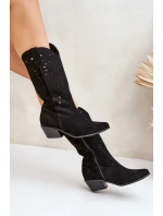 Zamszowe Kozaki Z Ażurową Cholewką Zazoo 3609 Czarne