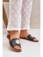 Skórzane Klapki Z Ozdobą Na Płaskim Obcasie Zazoo 3047/O Czarne