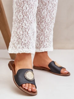 Skórzane Klapki Z Ozdobą Na Płaskim Obcasie Zazoo 3047/O Czarne