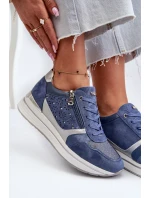 Sneakersy Damskie Na Platformie Z Ażurowym Wzorem I Brokatem INBLU IN000372 Niebieskie