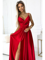 JULIET - Elegantné dlhé červené saténové dámske šaty s výstrihom a rozparkom na nohách 512-5