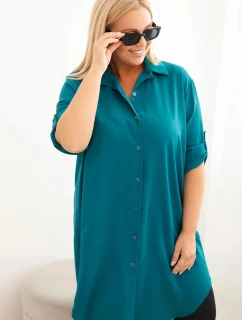 Dámske plus veľkosť košeľové šaty s dlhším chrbtom a vyhrnutými rukávmi Navy