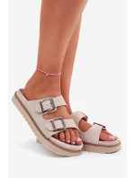 Zamszowe Klapki Damskie Z Klamrami D.Franklin DFSH405001 Beżowe