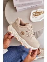Ocieplane Buty Sportowe Damskie Sznurowane Na Platformie Beżowe Bialoa