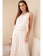 Dámska súprava z viskózy, top bez rukávov a široké nohavice s ozdobným lemovaním, béžová