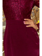 Elegantné tužkové šaty v bordovej farbe s čipkou model 6347583