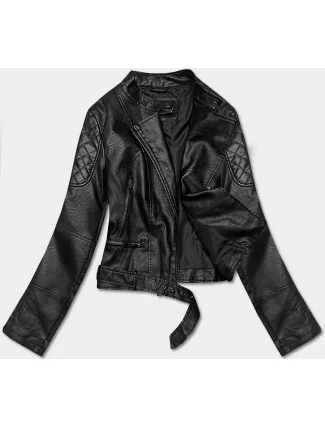 Čierna bunda ramoneska z ekokože so stojačikom (AX-805)