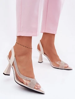 Priehľadné sandále na podpätku s kamienkami Vinceza 62282 light beige