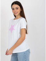 Biele a svetlo fialové bavlnené tričko s potlačou