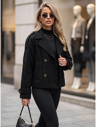 Krátky dámsky dvojradový kabát s klopami, čierny, FashionStreet TY6016 Krátky dámsky dvojradový kabát s klopami, čierny, FashionStreet TY6016