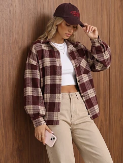 Dámska kockovaná košeľa oversize v bordovej farbe FashionStreet TY6047