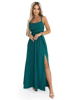 589-6 Maxi šaty bez ramienok s korzetovým zaväzovaním vzadu a rozparkom - fľaškovo zelené