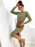 Dámske midi šaty v khaki farbe s opaskom (773)