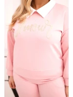 Dámske plus veľkosť maslo set so širokými nohami a golierom svetlo ružová Dámske plus veľkosť maslo set so širokými nohami a golierom svetlo ružová