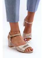 Sandały Damskie Eko Skórzane Na Słupku Z Ozdobami Złote Narhi