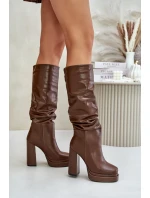 Wsuwane Kozaki Na Słupku I Platformie Z Marszczeniem Ocieplane Brązowe Beridra