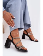 Černé dámské sandály na podpatku s pásky a cyrkony Brelia