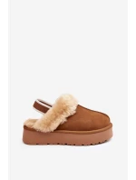 Skórzane Zamszowe Kapcie Damskie Na Platformie Z Futerkiem Camel Sophienne