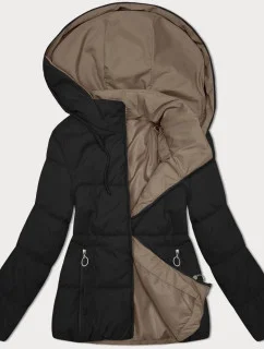Dámska obojstranná krátka bunda s kapucňou čierno-tmavobéžová (16M2155-84)