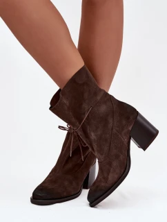 Kožené semišové dámské kotníkové boty na podpatku Zazoo 1151 čokoládové