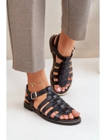 Skórzane Sandały Na Płaskim Obcasie Zazoo 3686 Czarne