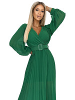 Plisované šaty s opaskom a výstrihom Numoco KLARA - zelené