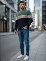 Pánsky sveter s okrúhlym výstrihom zelenej a tmavomodrej farby FashionStreet WX2319