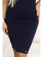 608-2 Zmyselné ceruzkové šaty s krátkymi rukávmi a ozdobným výstrihom - tmavomodré