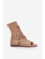 Zazoo 3437 Damskie Skórzane Sandały Z Cholewką Na Zamek Beżowe