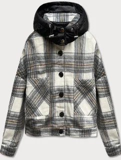 Ecru/sivá krátka károvaná košeľová bunda (AG3-1839)