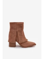 Botki Damskie Na Słupku Z Wywiniętą Cholewką Jasnobrązowe Idalia