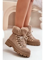 Sznurowane Trapery Damskie Z Futerkiem Ciemnobeżowe Vaminia