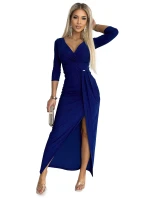 404-8 Dlhé trblietavé šaty s výstrihom a rozparkom na nohách - CHABRA s trblietkami