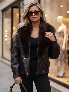 Dámska zimná kožená bunda s kožušinou, hnedá, FashionStreet TY6027