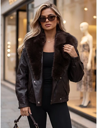 Dámska zimná kožená bunda s kožušinou, hnedá, FashionStreet TY6027 Dámska zimná kožená bunda s kožušinou, hnedá, FashionStreet TY6027