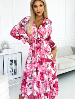 436-1 VALENTINA Midi šaty s výstrihom a opaskom - RUŽOVÉ ruže na bielom pozadí