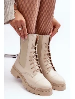 Skórzane Damskie Botki Workery Sznurowane Jasnobeżowe Nicole 2836
